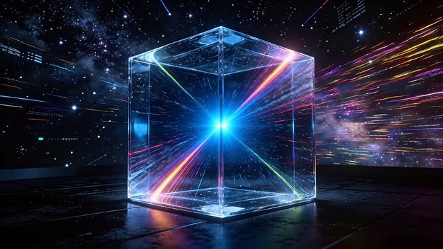 Futuristic glowing glass cube floating in deep space with colorful light beams
