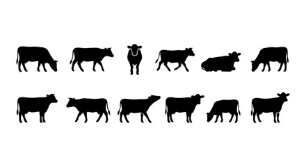 Fototapeta premium Cow Silhouettes Collection, Farm Animal Icons, Livestock Vector Set, Agricultural Graphics