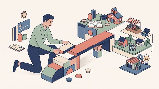 Professional businessman building a bridge with wooden blocks connecting different social infrastructure elements in this colorful modern isometric flat illustration