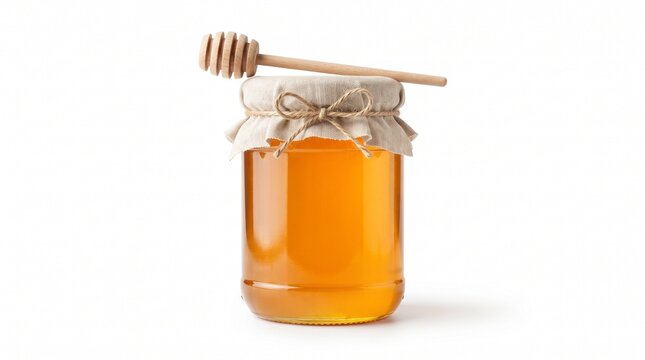 Golden organic honey in glass jar with burlap lid, rustic honey pot with wooden dipper, natural sweet nectar for healthy breakfast isolated PNG with Transparent Background