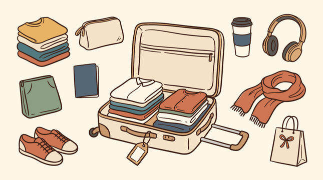An open suitcase neatly packed with clothing and travel essentials such as a passport, headphones, and shoes for a planned vacation.