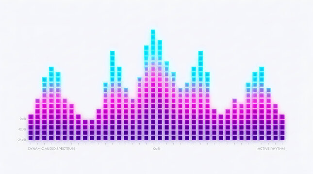 Abstract colorful digital audio equalizer wave pattern with vibrant pink and blue gradient pixel bars on white background