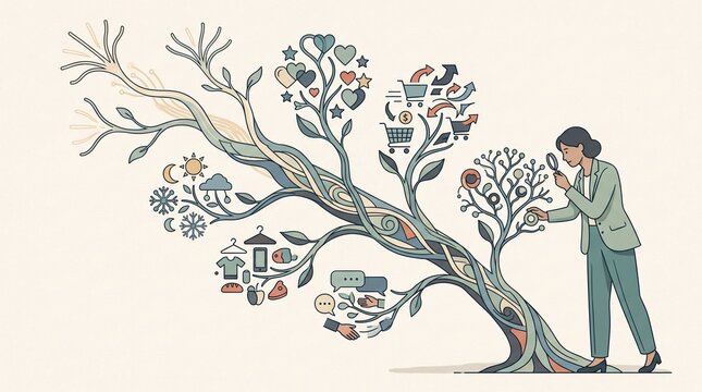 Professional woman using magnifying glass to analyze business growth on stylized tree with colorful icons and modern flat line design