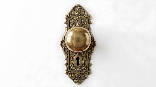 Ornate antique brass doorknob with decorative keyhole backplate isolated on a white background