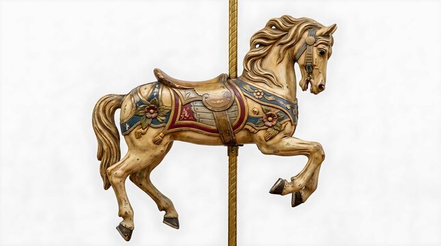 Vintage carousel horse with detailed painting and ornate saddle, showcasing craftsmanship and nostalgic charm