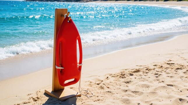 Red lifeguard rescue buoy hangs on wooden stand on sandy beach. Lifesaving equipment stays ready for emergency near ocean waves. Sunny summer day at seaside with blue water, turquoise sea. Safety