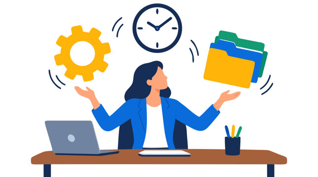 Businesswoman project manager at desk juggling giant gear clock and stacked folder icons representing multitasking and time management, bold flat vector illustration, clean minimal corporate style