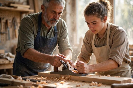 Experienced carpenter teaching a young apprentice woodworking in a sunlit workshop