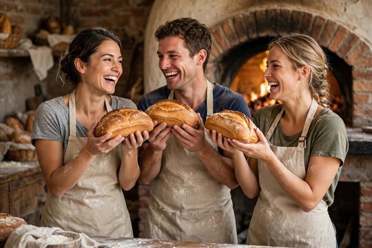 Small bakery team in flour dusted aprons laughing with fresh bread loaves in a warm rustic bakery