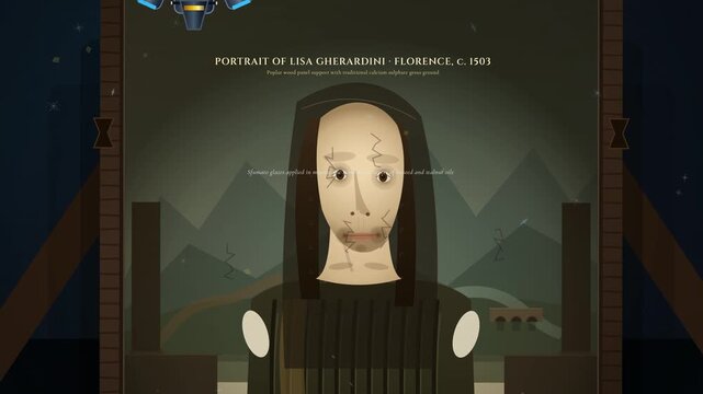 Animated simulation of macro X-ray fluorescence spectrometry revealing the hidden preparatory underdrawing of the Mona Lisa portrait, detailing micro stratigraphy and paint layers