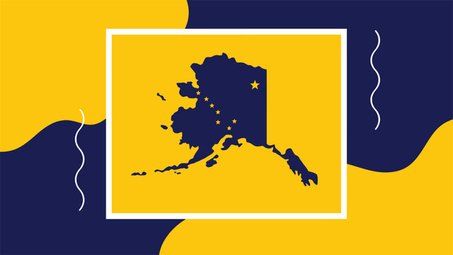 Alaska Map Vector Illustration with Abstract Navy and Gold Memphis Style Background featuring Big Dipper and North Star Icons for Travel and Patriotic Graphic Design Projects.