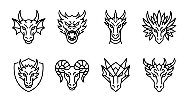 Mythical Dragon Heads Collection, Fantasy Creature Icons, Ancient Beast Emblems, Vector Art Set