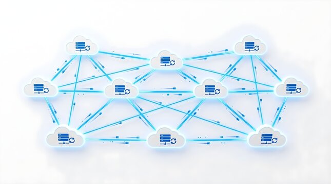 Networked cloud computing infrastructure with connected devices symbolizing digital data flow and connectivity