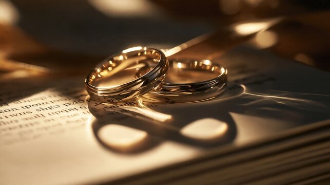 Two gold wedding rings resting on an open book page with soft natural sunlight and shadows
