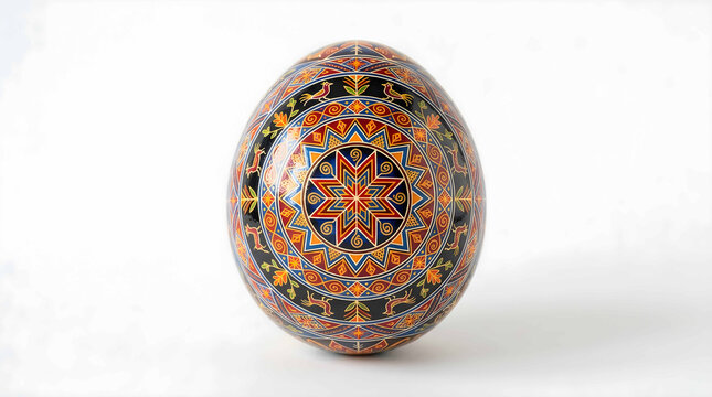 Handmade traditional Easter egg with intricate colorful geometric patterns and stars on white background