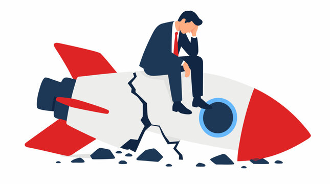 Dejected Businessman Sitting Slumped on Cracked Fallen Rocket Startup Failure Disappointment Bold Flat Colors Vector Illustration of Defeated Entrepreneur on Ground Symbolizing Business Crash