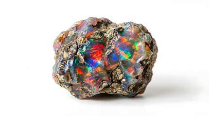 Obraz premium Natural Raw Opal Gemstone with Vibrant Multicolored Iridescence and Spectral Play of Color on White Background