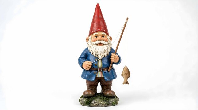 Garden gnome figurine holding a fishing rod with a caught fish isolated on white background