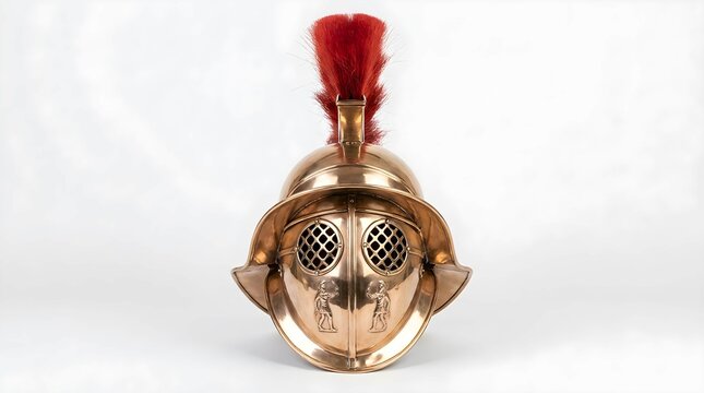 Ancient Roman Centurion Helmet with Red Plume Crest and Bronze Face Mask Isolated on White Background