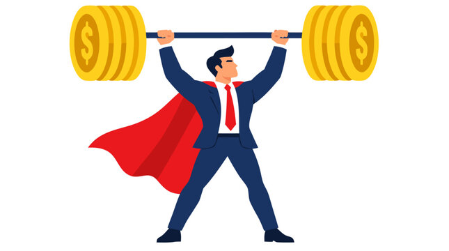 Superhero businessman in blue suit and red cape lifting heavy barbell made of stacked gold coins with dollar signs, financial strength concept, bold flat vector illustration, clean white background