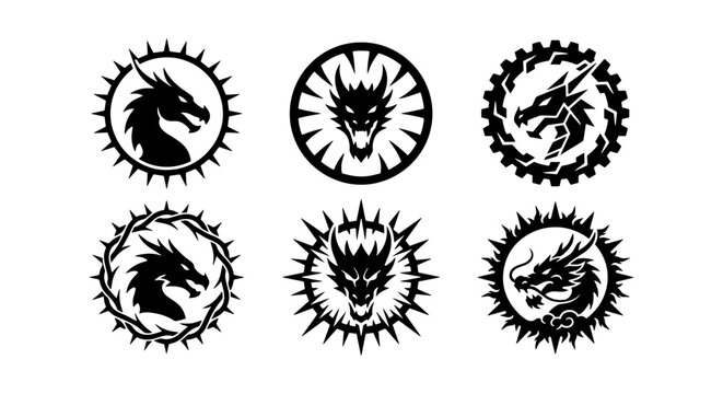 Dragon Head Emblems, Mythical Creature Icons, Fantasy Beast Symbols, Set of 6 Vector Graphics
