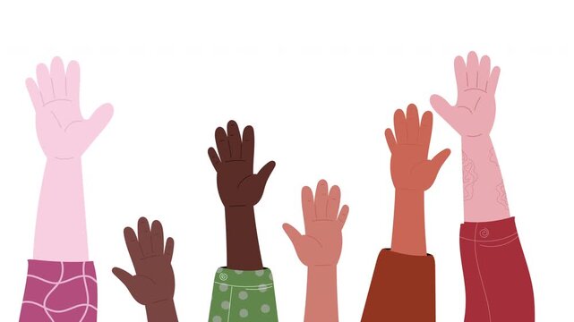 Animated diverse hands raised up together in unity and teamwork concept. 