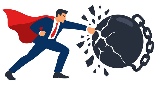 Superhero Businessman Punching and Breaking Large Cracked Debt Ball with Chains, Financial Freedom and Debt Management Concept, Bold Flat Vector Illustration - detailed commercial stock imagery with