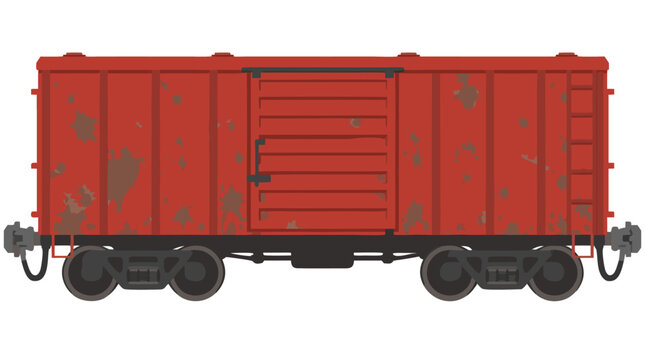 Red Freight Train Boxcar Weathered Railway Cargo Wagon with Metal Coupling Flat Color Vector Illustration - professional high resolution commercial stock photography detailed commercial stock