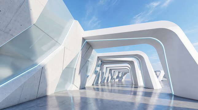Modern futuristic concrete and glass architectural structure with blue neon lighting