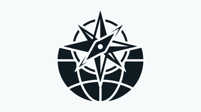 Minimalist Compass Navigation Icon Featuring a Global Grid Sphere for Cartography and Worldwide Travel Concept