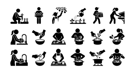 Fototapeta premium Agriculture and Food Preparation Icons: Farming, Harvesting, Cooking, and Serving Vector Set