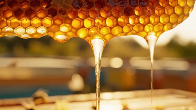 Golden honey dripping slowly from a fresh honeycomb frame in a sunlit apiary setting.