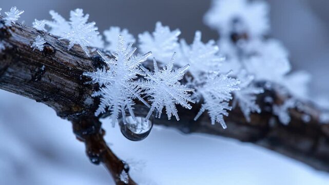 Intricate Crystalline Frost Patterns Forming On A Small Branch During A Cold Winter Day