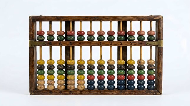 Vintage wooden abacus with colorful beads isolated on a white background for educational math and arithmetic concept