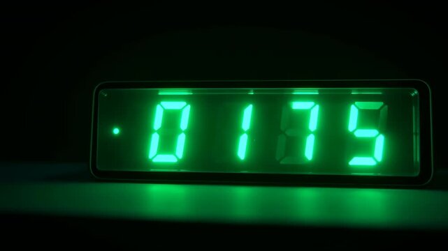 Rectangular digital display cycles through glowing green numbers on dark surface, casting vivid green light below while centered front view stays fixed against black background