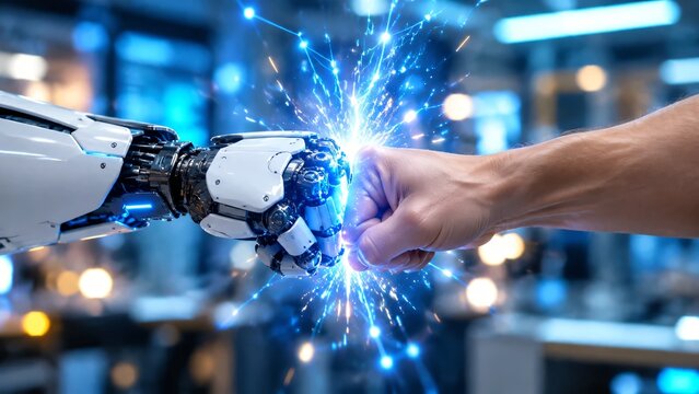 Close up of futuristic robotic arm and human arm bumping fists, accompanied by electric sparks and digital network lines.