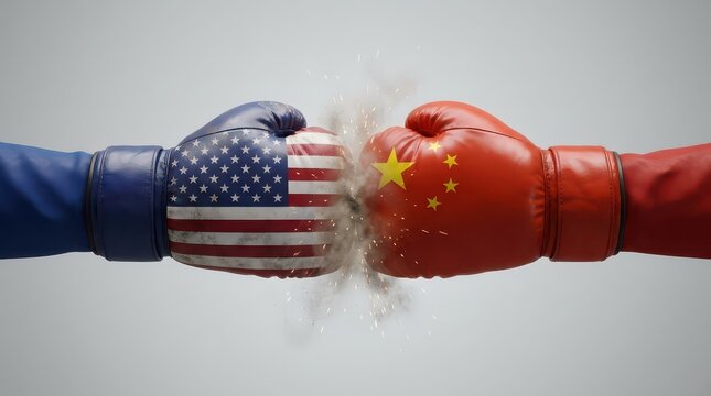 Boxing gloves printed with USA and China flags bumping together, concept of trade competition and international relations 3D render
