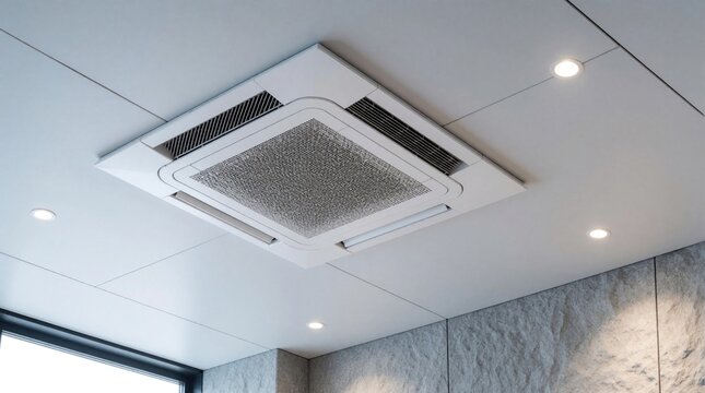 Modern square air conditioning unit is built into a white ceiling. Recessed lights illuminate the room. The vent distributes air evenly for optimal comfort. HVAC system provides climate control.