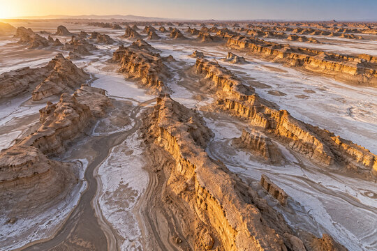 Aerial Yardang Ridges Across Salt Crusted Desert