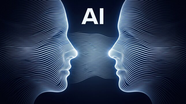 Artificial intelligence text centered between two facing profiles made of layered fine lines against a deep blue gradient backdrop.
