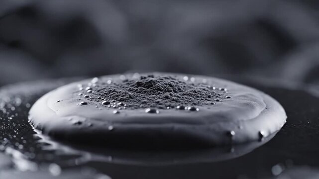 Volcanic ash pile resting on a dark smooth surface with grey liquid droplets and reflective textures.