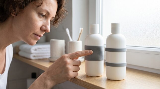 Adult identifying bathroom bottles by tactile bands