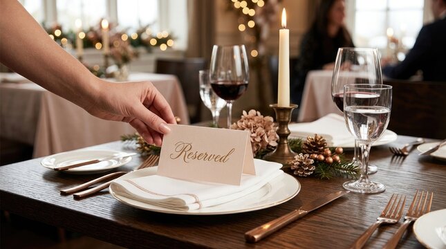 Hand placing a reserved sign on a set restaurant table with wine glasses