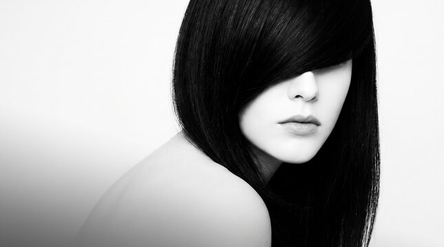 A black and white portrait of a woman with long dark hair covering one eye, looking mysterious.