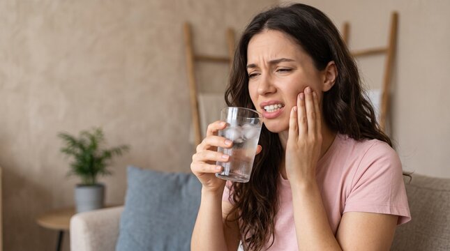A young woman experiencing sharp tooth pain or sensitivity while drinking a glass of cold water.