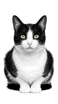 Portrait of a black and white tuxedo cat sitting against a white background
