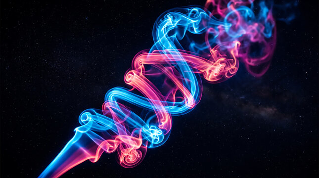 Abstract neon smoke swirls in blue and pink colors on a dark background