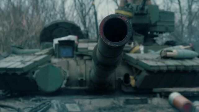 Close frontal view of tank main gun barrel centered over weathered armored hull with overcast forest background muzzle rim with chipped paint and gritty metal detail