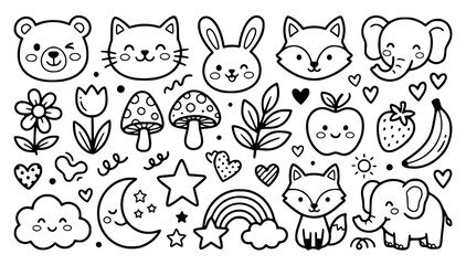 Fototapeta premium Cute Animals, Fruits, and Nature Hand Drawn Line Art Doodle Set