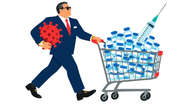 Wealthy businessman in suit pushing shopping cart full of vaccine vials and syringe while holding coronavirus virus, pharmaceutical industry profit concept, flat vector illustration